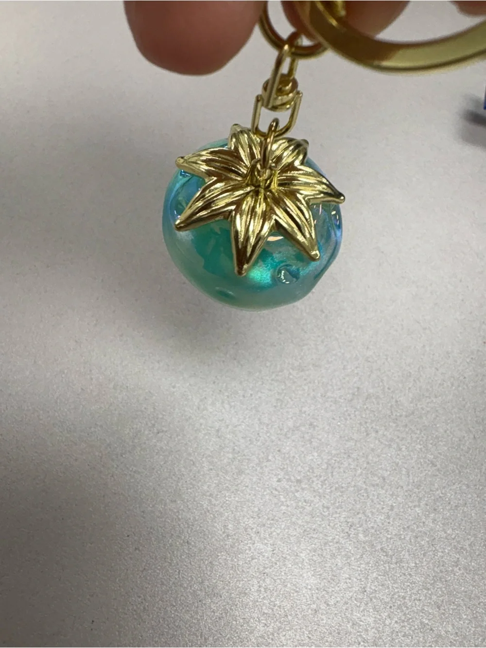 Iridescent Blue Green Strawberry Bag Charm Keychain Gold Accents